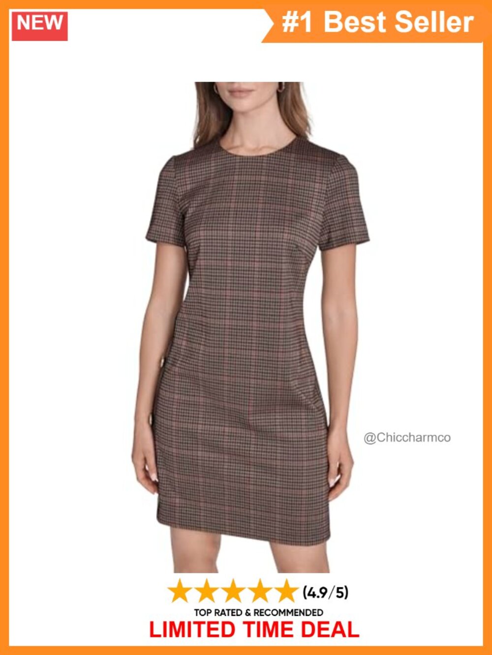Short Sleeve Round Neck A-Line Houndstooth Button Detail Casual Dress